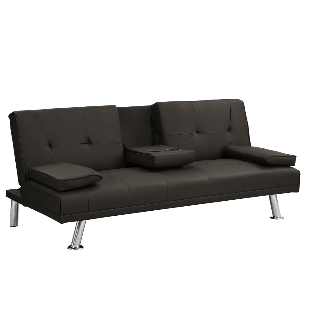 Sofa Bed with Armrest Two Holders WOOD FRAME, STAINLESS LEG, FUTON BROWN PVC,DARK BROWN