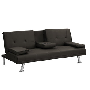 Sofa Bed with Armrest Two Holders WOOD FRAME, STAINLESS LEG, FUTON BROWN PVC,DARK BROWN