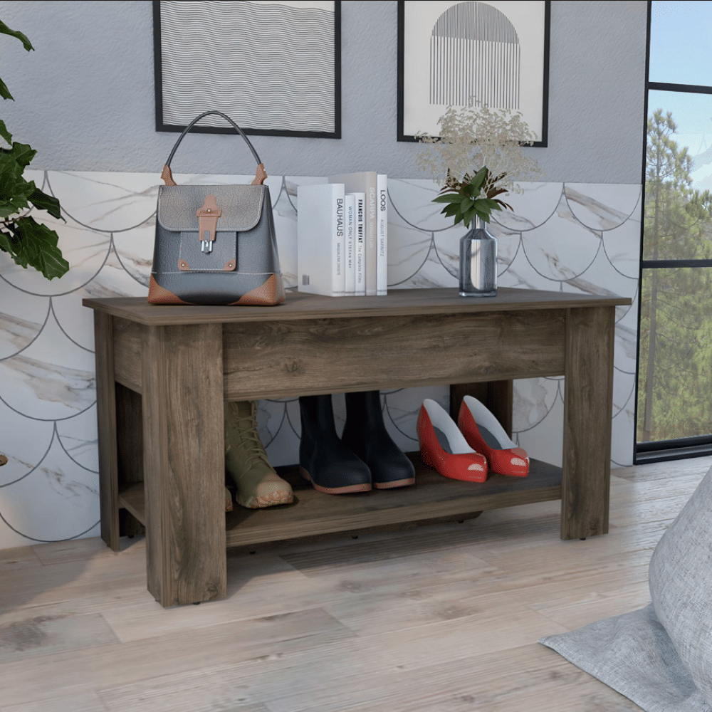Dark Brown Finish Extendable Table Shelf Storage Table with Lower Shelf Poligon Shoe Rack