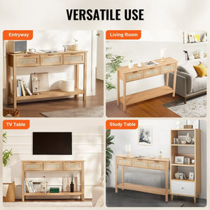 Natural Rattan Console Table with 3 Sliding Storage Drawers