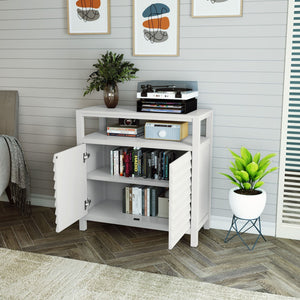 Accent Cabinet Louver Design 2-Door White Sideboard Buffet Open Shelf Decorative Credenza for Entryway Living Room Kitchen