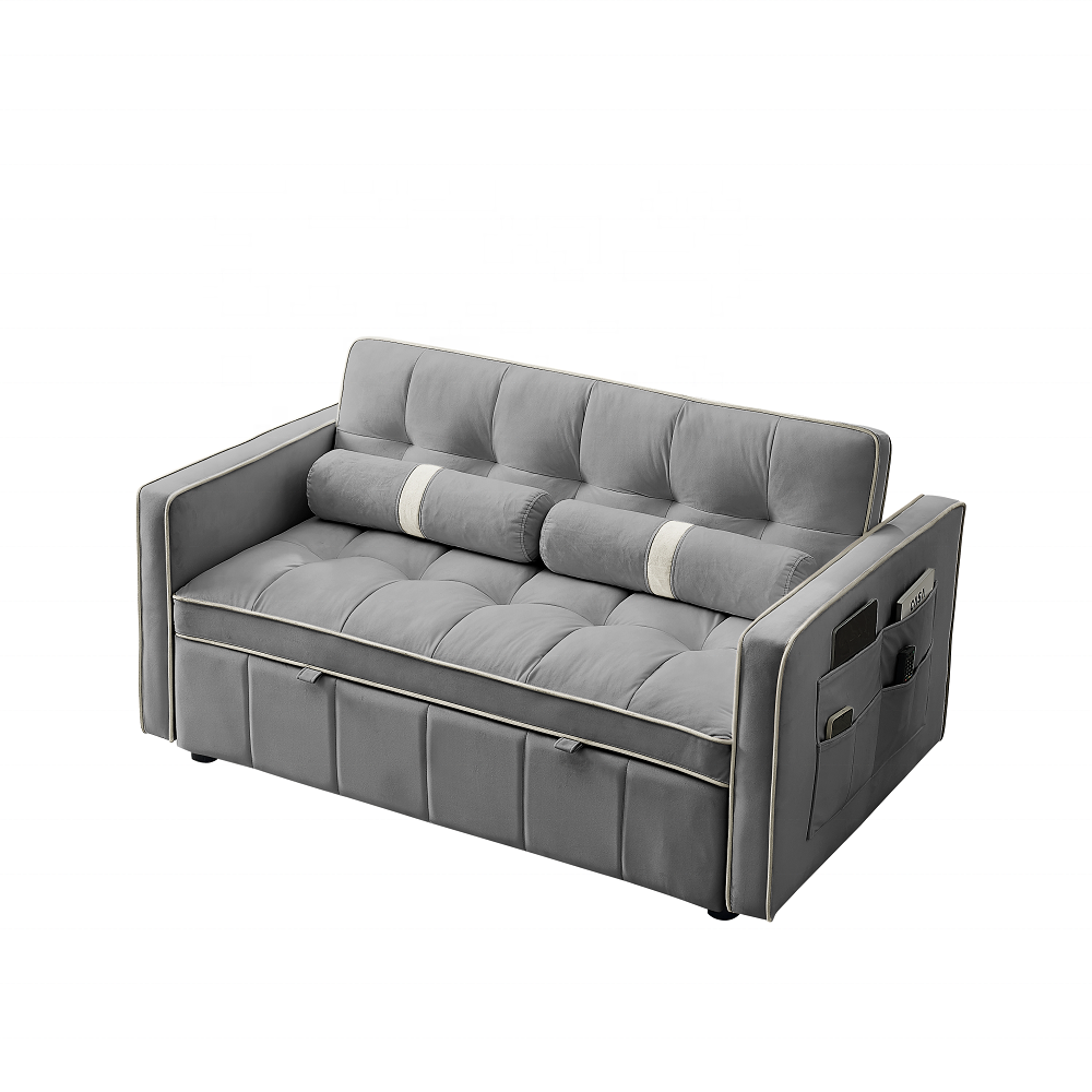 Modern Luxury 55.5 Inch Pull-Out Sleep Sofa Bed 2-Seater Loveseat Couch with Side Pockets Velvet Material Extendable Feature