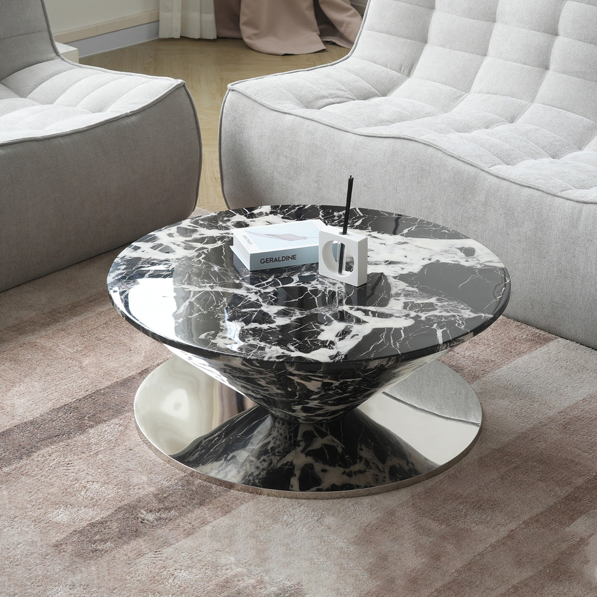 ATUNUS USA in Stock Drop Shipping Metal Base Stainless Steel Modern Marbling Wood Round Top Side Oval Center Tea Coffee Table