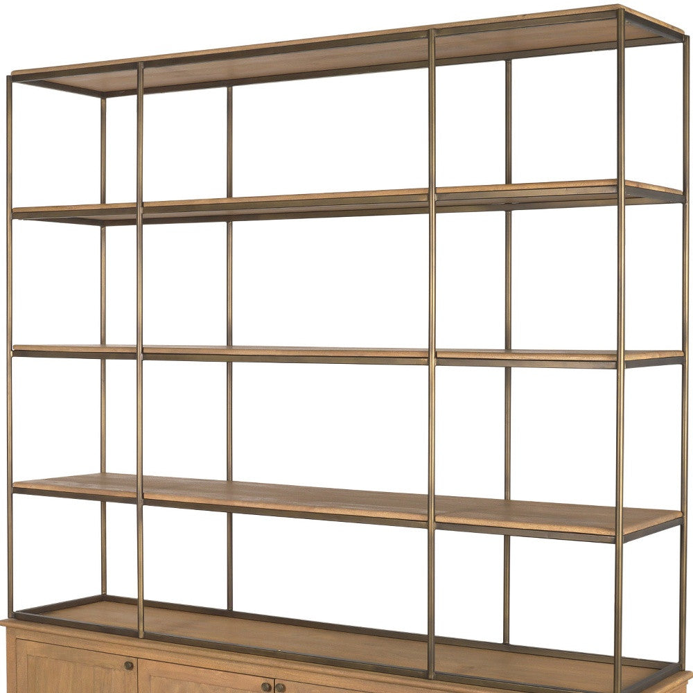 HMS 82 Antiqued Brass and Light Brown Distressed Metal Solid Wood Three-Tier Bookcase with Four Doors