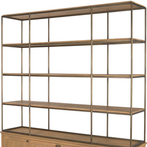 HMS 82 Antiqued Brass and Light Brown Distressed Metal Solid Wood Three-Tier Bookcase with Four Doors