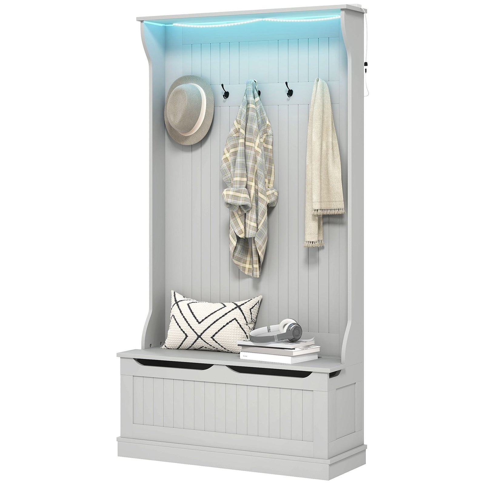 3-in-1 Gray Entryway Hall Tree with LED Lights Bench Shoe Storage 5 Coat Racks