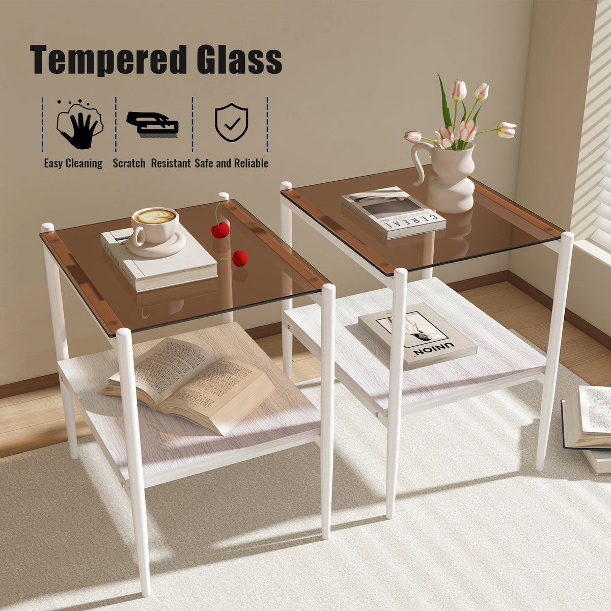 New Two White Side Tables Sets Tempered Glass Tabletop with MDF Layer for Living Room Furniture