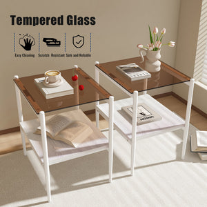 New Two White Side Tables Sets Tempered Glass Tabletop with MDF Layer for Living Room Furniture