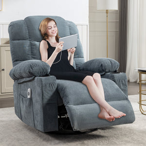 Oversized 2-Cup Holders USB Charge Port Modern Soft Features Manual Massage Heat Grey Blue Rocking Chair for Adults for Massage
