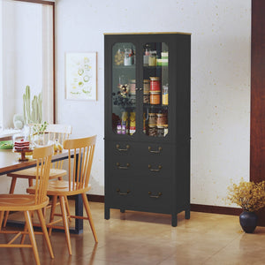 Free Standing Tall Storage Utility Cupboard Kitchen Pantry Cabinet Tempered Glass Doors Adjustable Shelves for Living Room