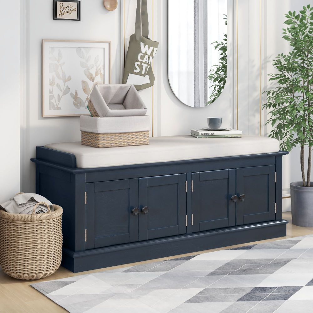 Storage Bench with 4 Doors and Adjustable Shelves, Shoe Bench with Removable Cushion for Living Room