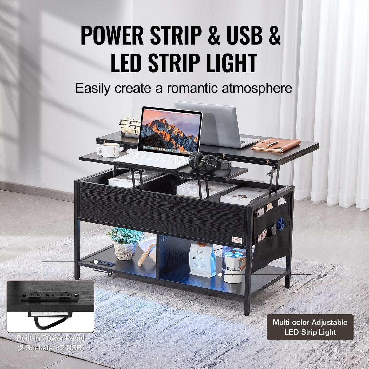 39.4\" Rectangle Lift Top Coffee Table with Light & USB Black Color
