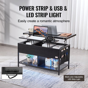 39.4\" Rectangle Lift Top Coffee Table with Light & USB Black Color