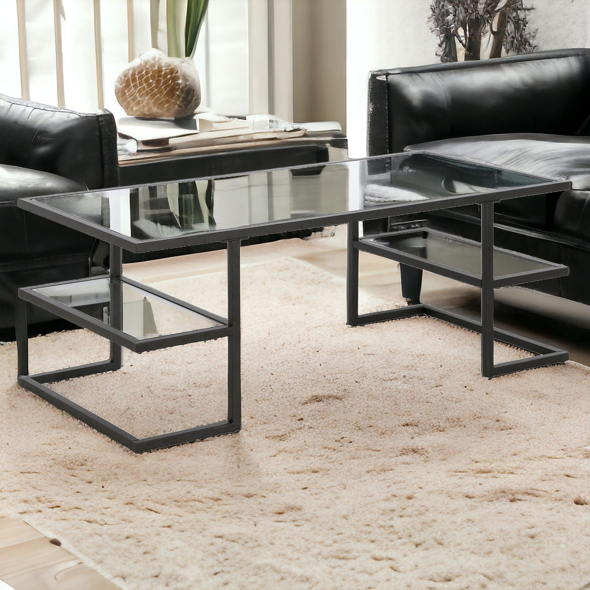 HMS 47\" Black Glass and Steel Coffee Table with Two Shelves Elegant Living Room Furniture for Home Use