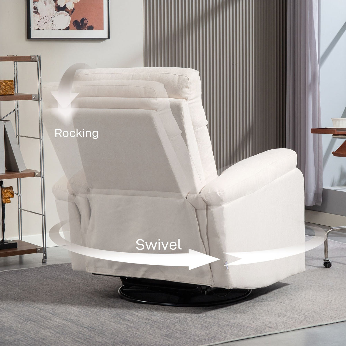 Cream Single Sofa Recliner Chair Wide Swivel Rocker with Pocket Spring Footrest Quick Assembly Overstuffed Comfortable Design