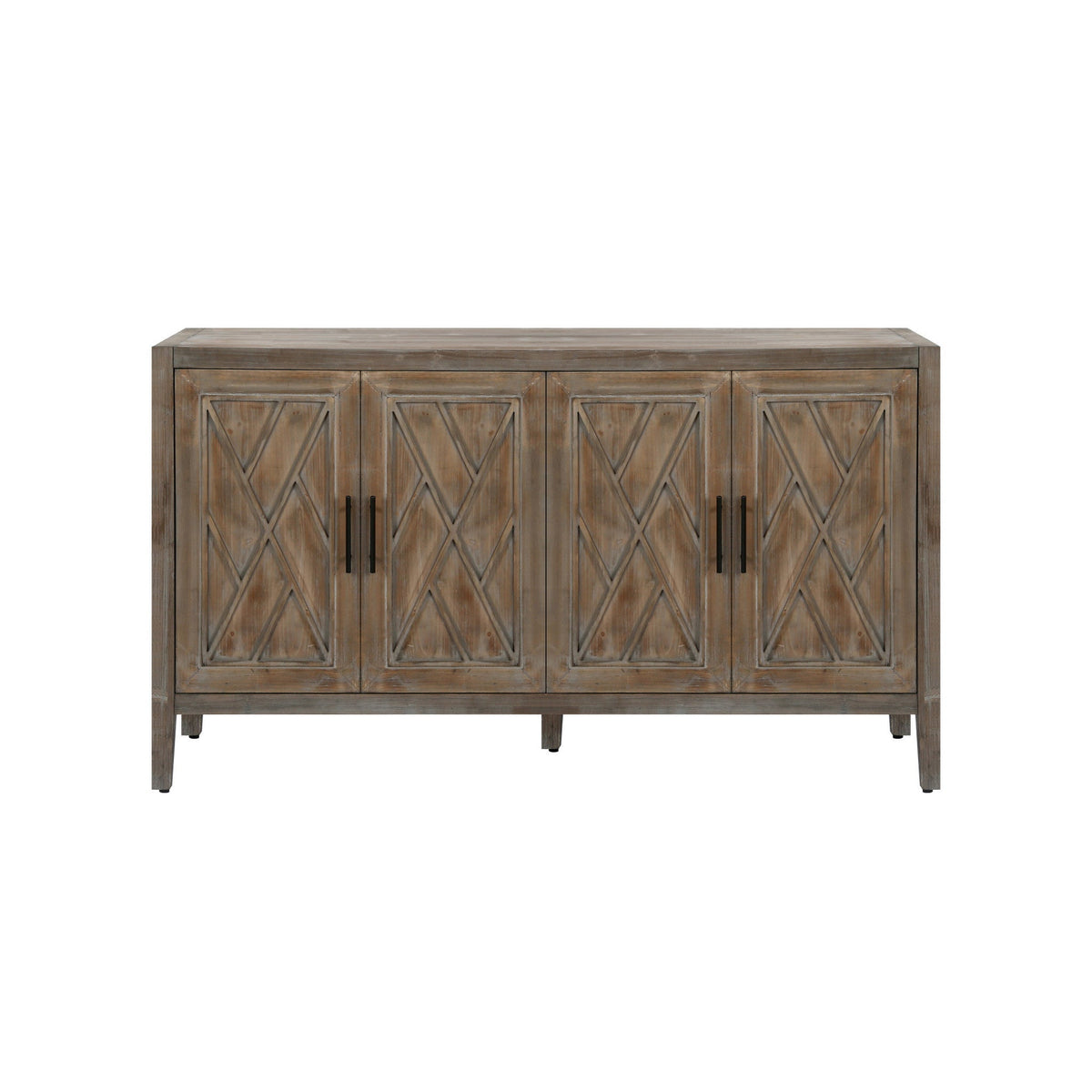 HMS 60\" Natural and Brown Distressed Geometric Carved Sideboard with Four Doors Elegant Living Room Cabinets