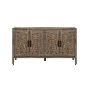 HMS 60\" Natural and Brown Distressed Geometric Carved Sideboard with Four Doors Elegant Living Room Cabinets