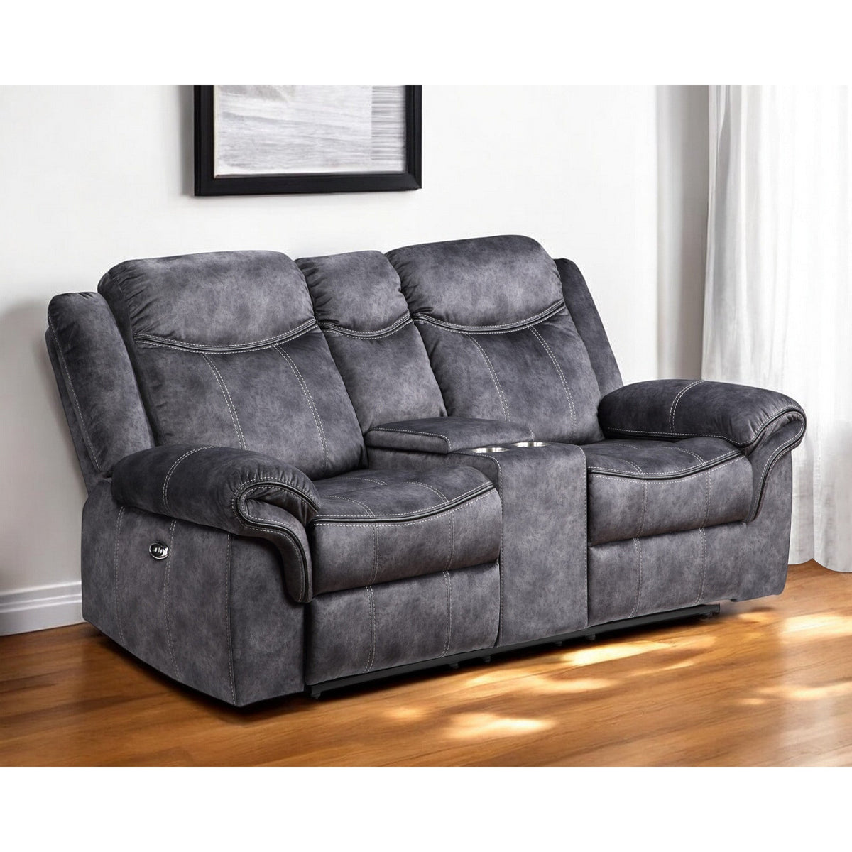 79" Dark Gray Microfiber Power Reclining Loveseat Storage Extendable Inflatable Synthetic Leather Set for Living Room Sofa