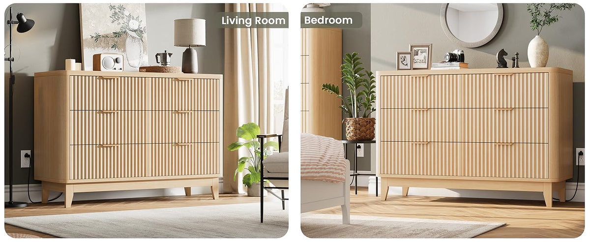 Modern Natural Oak Fluted 6-Drawer Dresser Power Outlet Curved Profile Design for Bedroom Clothing Storage TV Stand Closet