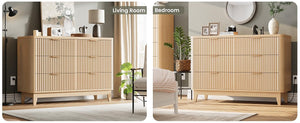 Modern Natural Oak Fluted 6-Drawer Dresser Power Outlet Curved Profile Design for Bedroom Clothing Storage TV Stand Closet