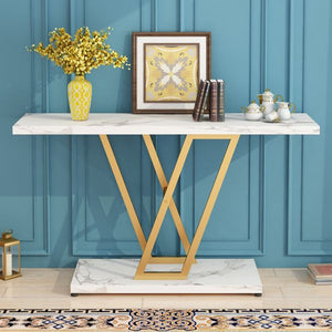 42 Inch Industrial Console Table Easy Assembly Gold/White Metal Frame Entryway Sofa Table Living Room Hallway Table Narrow Table