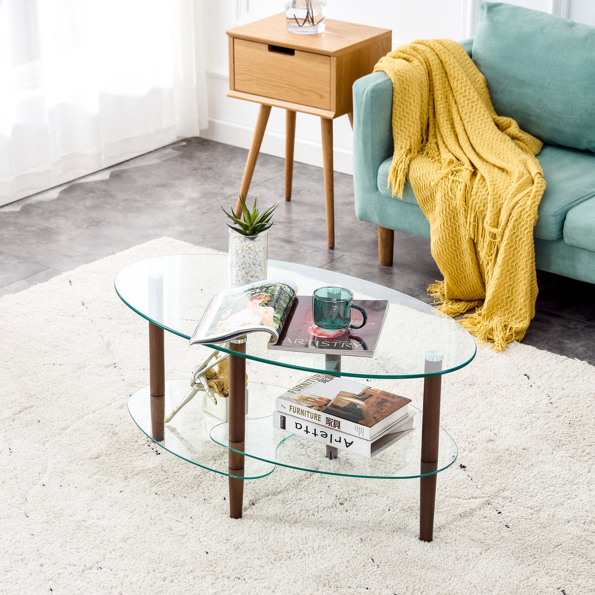 Transparent Oval Brown Tempered Glass Console Tables Three Layer Tea Table for Living Room Furniture