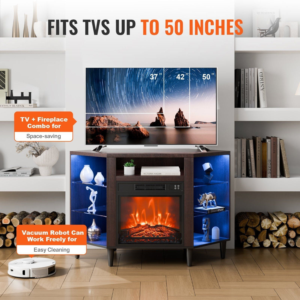 Pastoral Brown 18\" Fireplace TV Stand 20 LED Lights Remote Control Timer Corner Media Storage Storage Drawers Cabinets for TVs