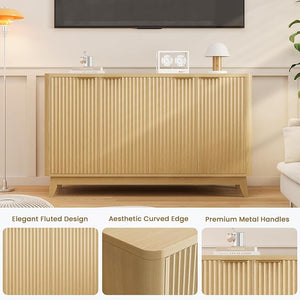 Natural Oak Fluted Sideboard Buffet Cabinet 4-Door Credenza Storage Cabinet Entryway Console Table Accent Coffee Bar