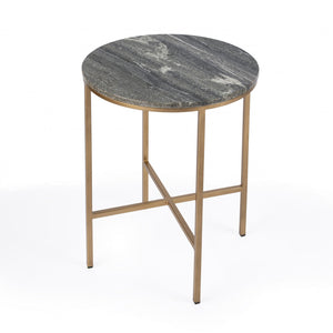 HMS 23\" Traditional Round End Table with Brass & Gray Marble Featuring Mango and Drawer for Living Room or Entry Use