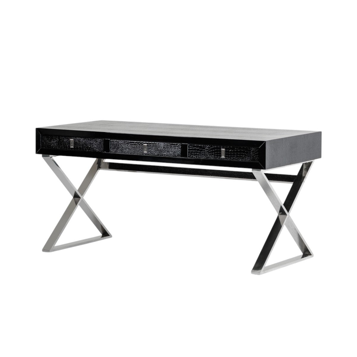 HMS 57 Black and Silver Coffee Table with Cross Legs Wood and Stainless Steel Featuring Three Drawers