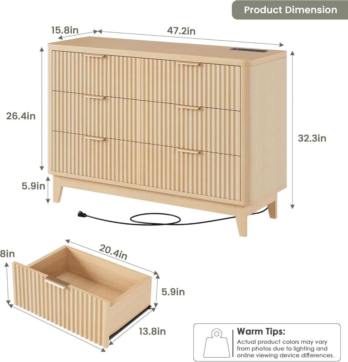 Modern Natural Oak Fluted 6-Drawer Dresser Power Outlet Curved Profile Design for Bedroom Clothing Storage TV Stand Closet