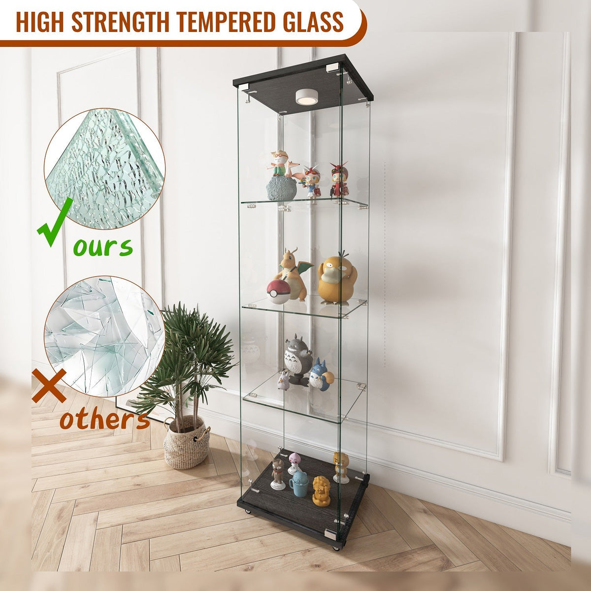 Modern Glass Display Cabinet with LED Lights Black Kitchen Cabinets Storage Cabinet with Wheels Living Room Furniture