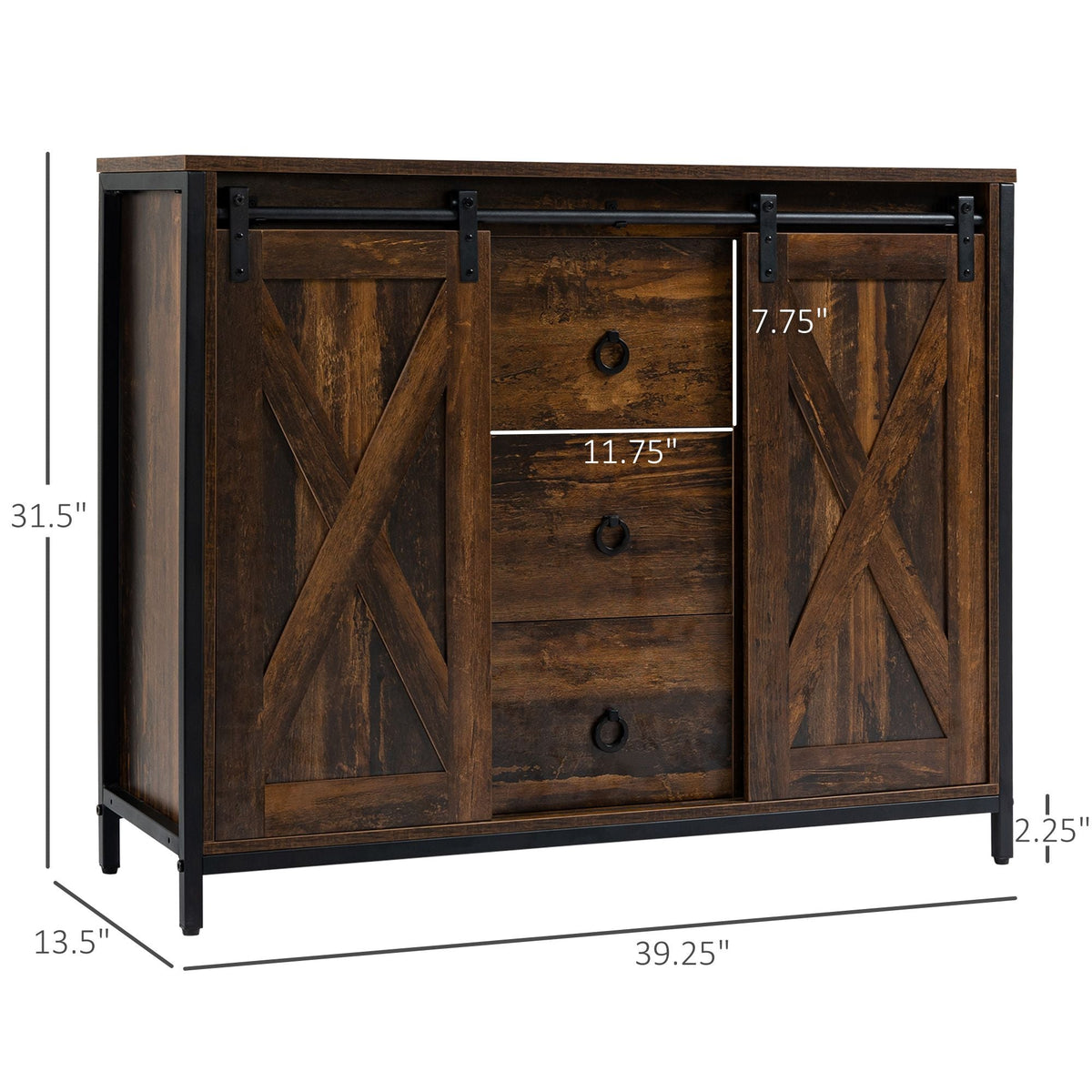 Rustic Brown Kitchen Sideboard Cabinet with Barn Doors 3-Drawers Adjustable Shelves Living Room Buffet Storage Rustic Brown