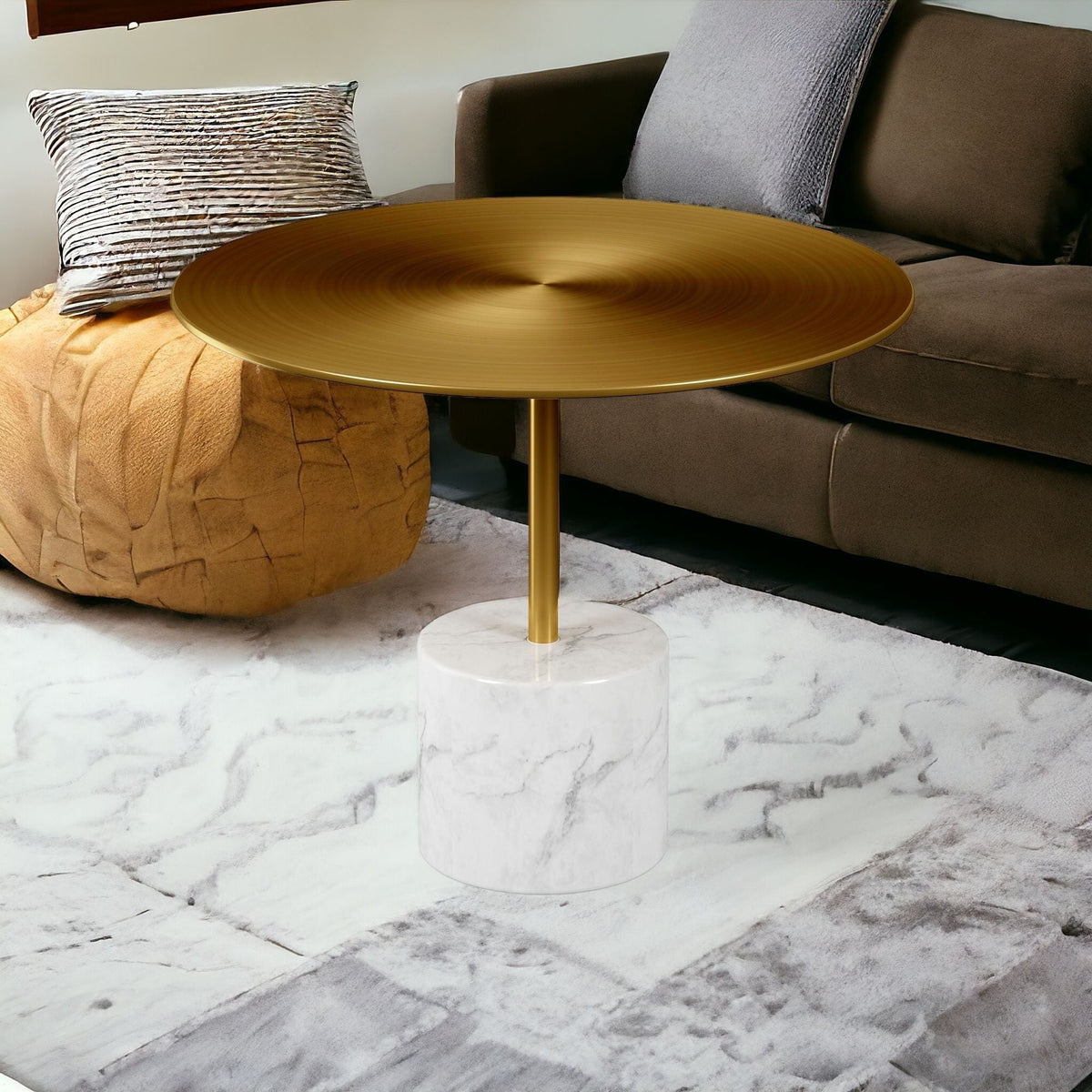 HMS 17\" Gold and White Steel and Stone Round Coffee Table Elegant Indoor Living Room Furniture for Home Use