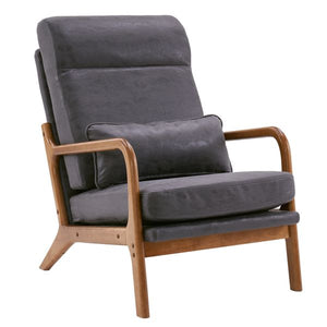 High Back Solid Wood Armrest & Backrest Indoor Leisure Chair Iron Frame with Bronzing Cloth Dark Grey for Living Room