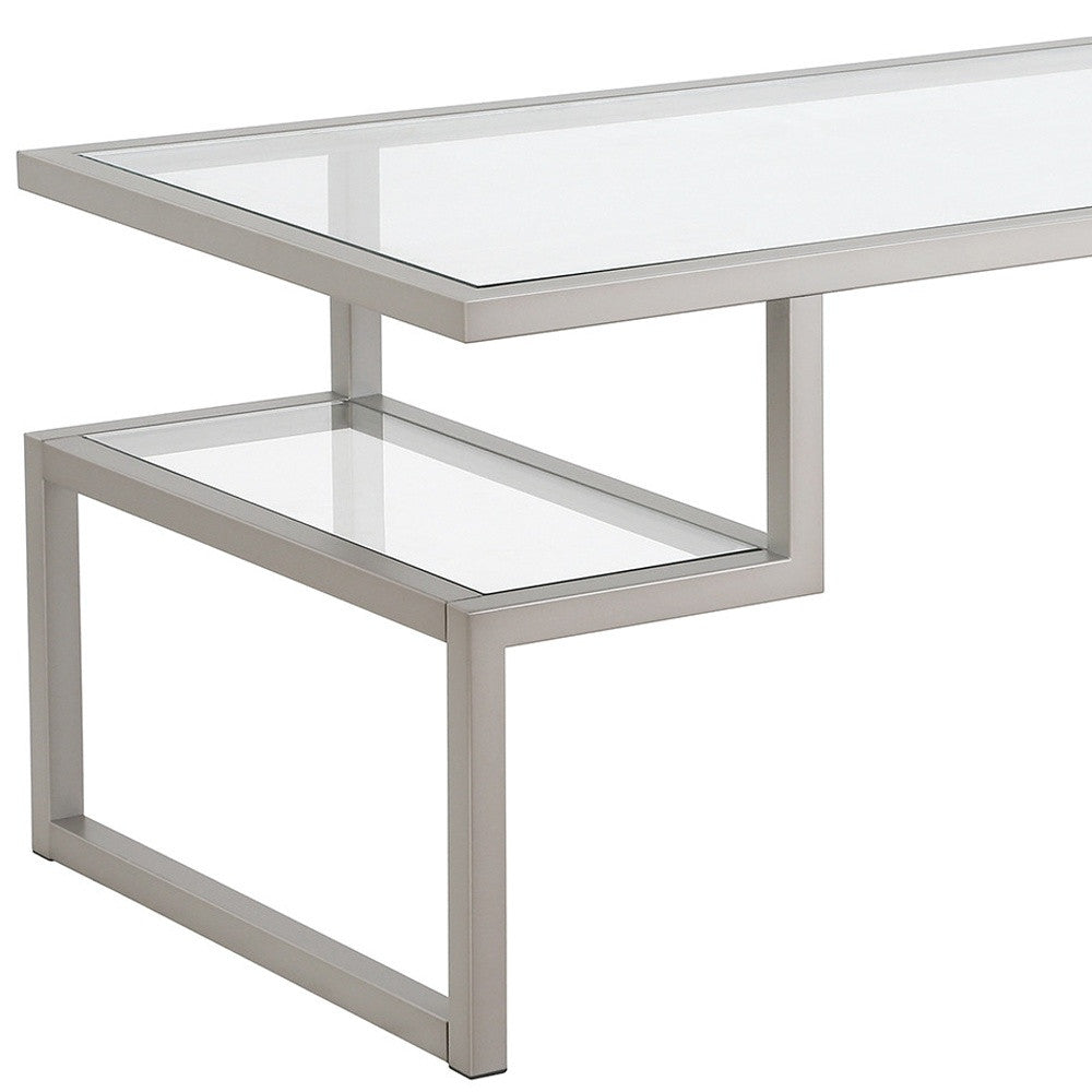 HMS 45 Convertible Silver Glass Steel Coffee Table Two Shelves Tempered Glass Top Farmhouse Style Side for Tea for Living Room