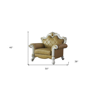 HMS 50 Beige and Pearl Faux Leather Tufted Arm Chair with Toss Pillow Elegant Living Room Furniture