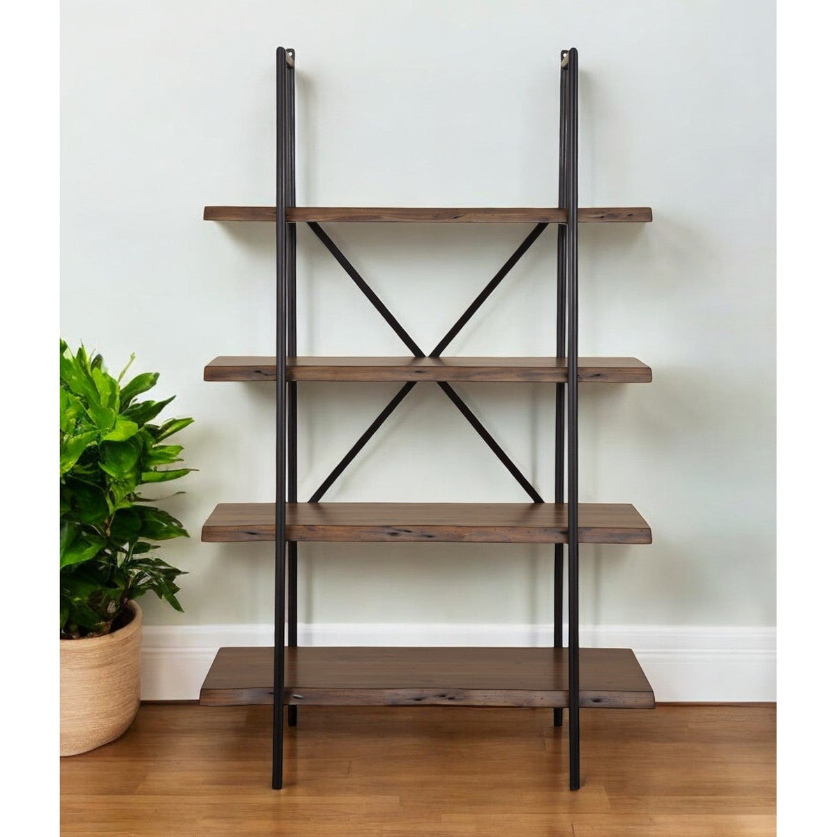 HMS 79 Four Tier Step Bookcase in Black and Brown Solid Wood and Metal Bookcase