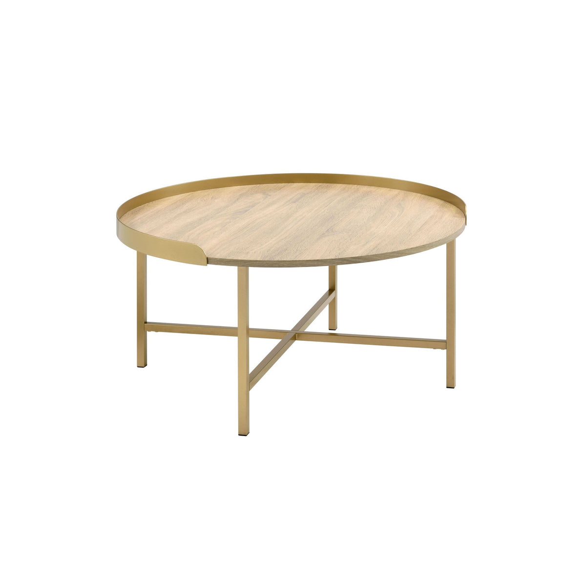 HMS 34\" Convertible Oak and Gold Wood and Metal Round Sled Coffee Table Farmhouse Style Tea Table for Living Room Use