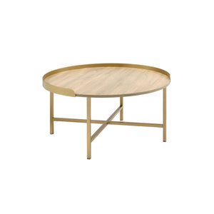 HMS 34\" Convertible Oak and Gold Wood and Metal Round Sled Coffee Table Farmhouse Style Tea Table for Living Room Use