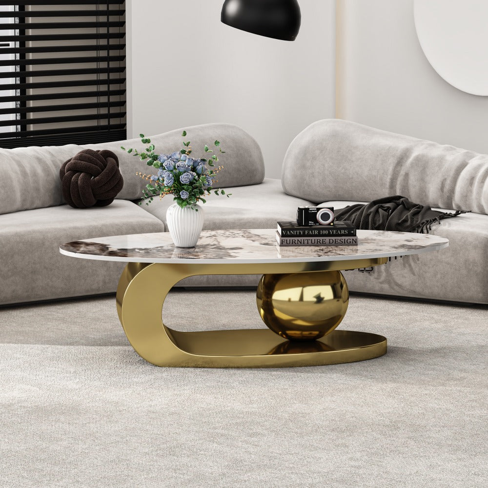 51 Inches Oval Faux Marble Coffee Table With Stainless Steel Base