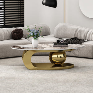 51 Inches Oval Faux Marble Coffee Table With Stainless Steel Base