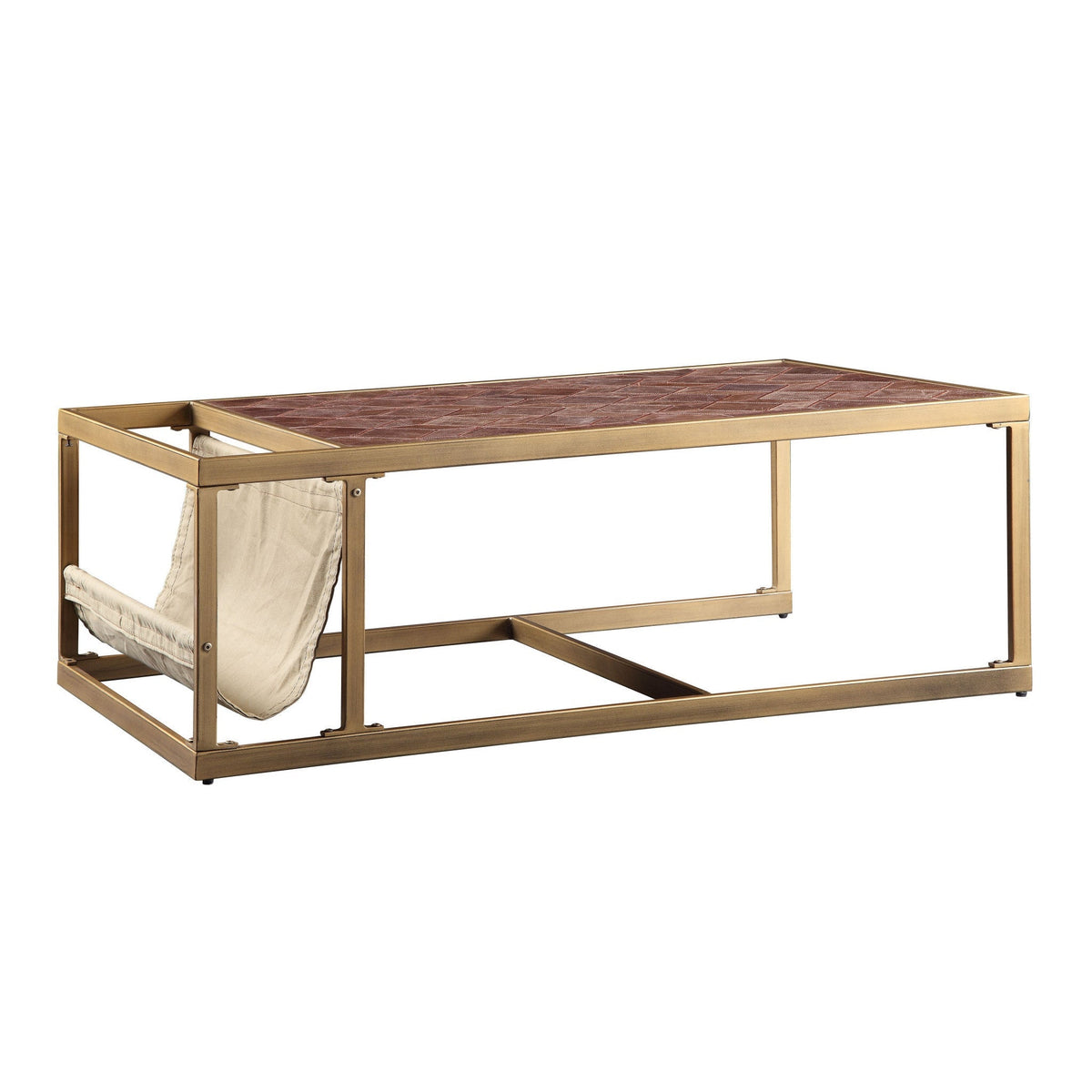 HMS 51 Rectangular Coffee Table with Brass & Retro Brown Leather Stylish Vintage Design