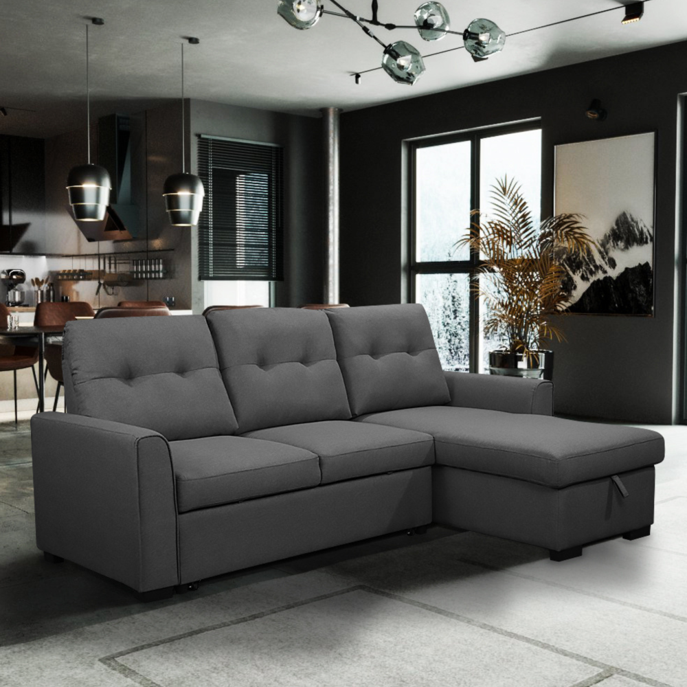 Living Room L-Shaped Sleeper Sofa Lounger, Right-Facing Storage Chaise Convertible Couch, Grey