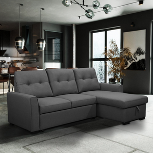 Living Room L-Shaped Sleeper Sofa Lounger, Right-Facing Storage Chaise Convertible Couch, Grey