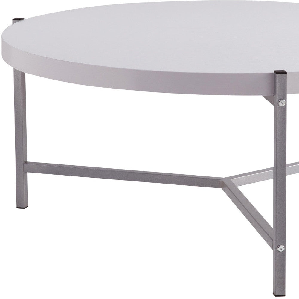 HMS 37\" White and Silver Round Coffee Table with Wood and Stainless Steel Finish