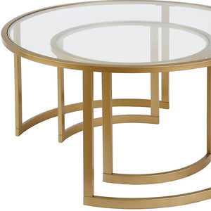 Set of Two Round Gold Glass and Steel Nested Coffee Tables HMS Style
