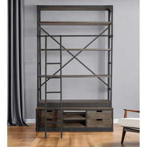 HMS 94 Four Tier Ladder Bookcase Brown Metal and MDF Wood for Home Office or Living Room Book Storage Furniture