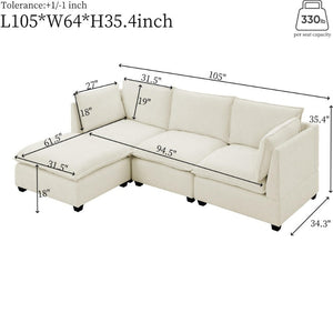 Convertible Sectional Sofa Couch with Ottoman, Cloud Couch 3 Seat L Shaped Sofa with Padded Armrests Cloud Sofa for Living Room