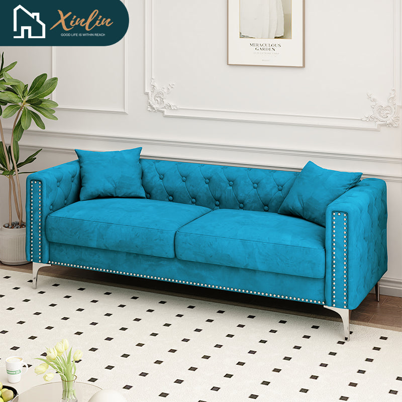 Modern 83-Inch Triple Mid-Century Upholstered Velvet Sofa Free Shipping for Living Room Dining Bedroom Fabric Metal Material